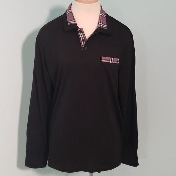 Coofandy large black top, long sleeved,  plaid collar, minamalist. - Picture 1 of 8